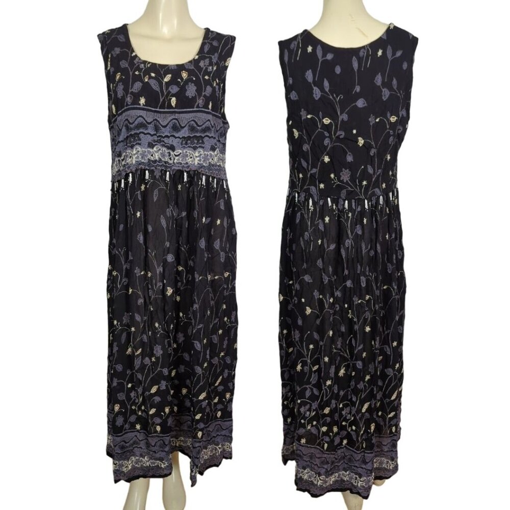 M.P.H. Dress XL black white beaded crinkled‎ print floral Sleeveless Bohemian